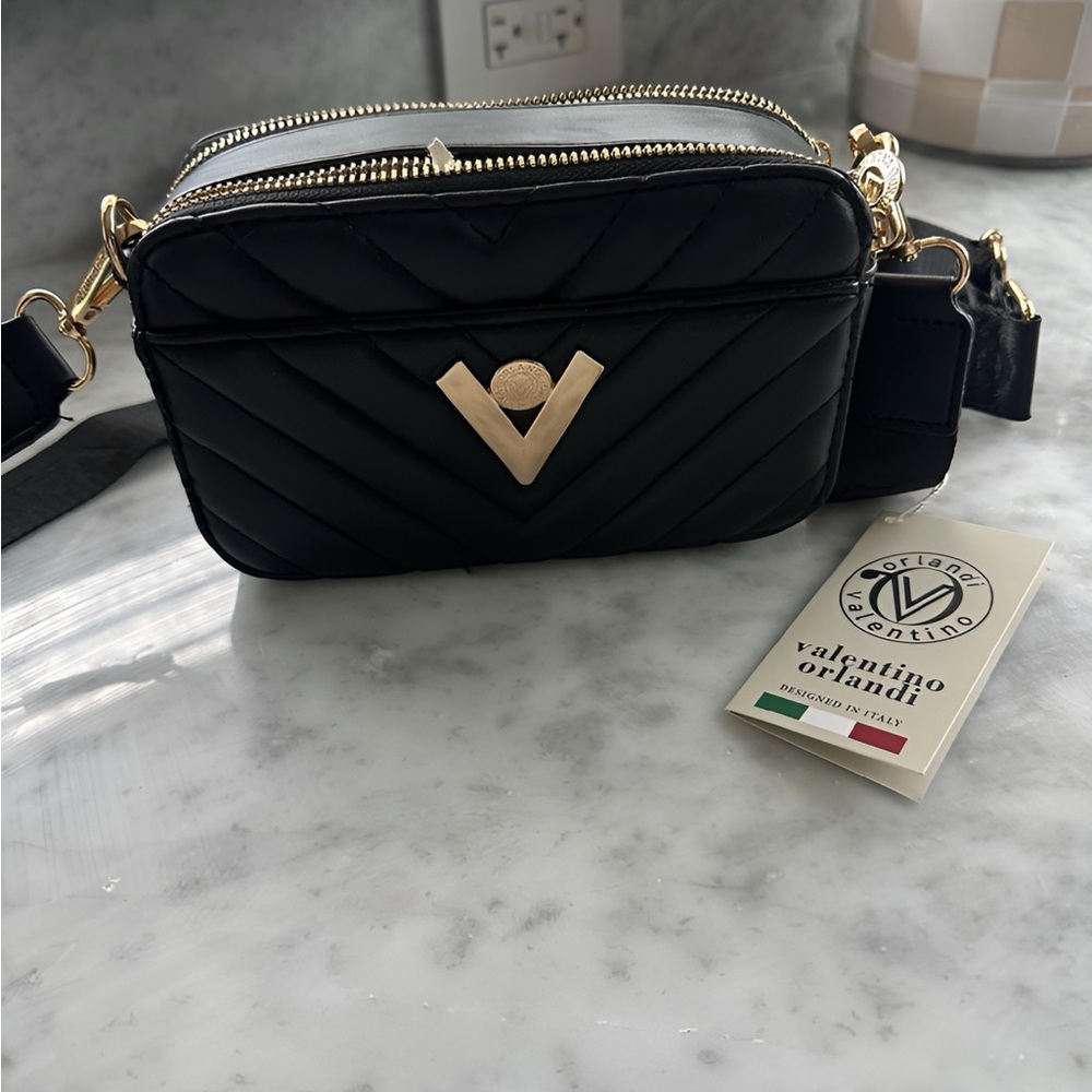 Mario Valentino Black Quilted Crossbody with Gold V Logo